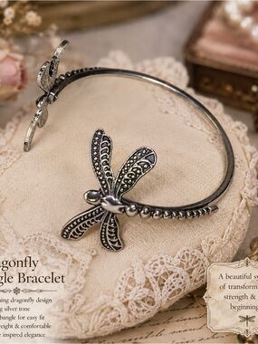 Silver Tone Dragonfly Bangle Bracelet - Elegant Women's Jewelry